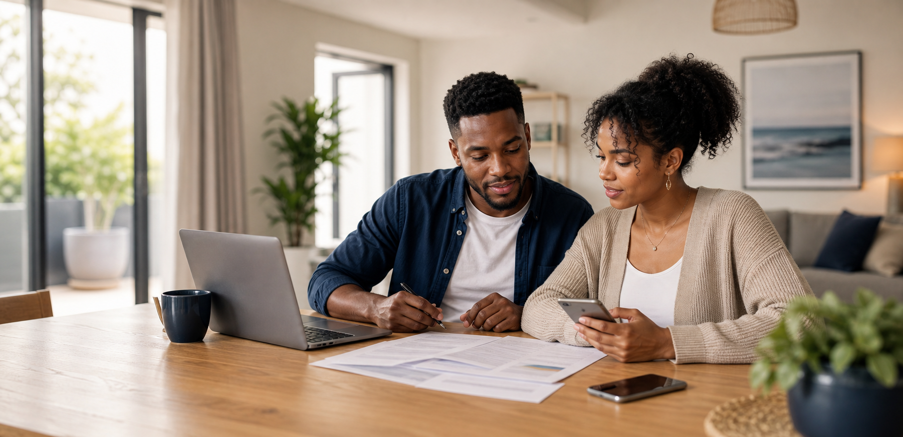 Couple reviewing their loan application and documents together at home